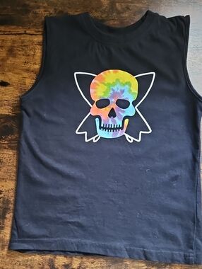 ISH Black Tank Top with Rainbow Tie-Dye Skull